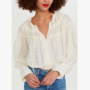 Free People Women's Cream Hailey Crop Cottagecore Long Sleeve Blouse Size Small